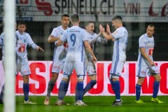 Die Luzerner jubeln nach dem Tor zum 0:1. (Bild: Martin Meienberger/freshfocus)