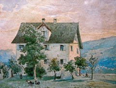 Das Grabser Pfarrhaus, Ansicht von Norden – ein Gemälde des Grabser Malers Traugott Schiess.