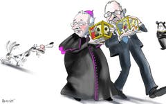 Die Knochen sind zurück. Die Überreste von Gallus und Otmar sollen 2019 zum 1300-Jahr-Jubiläum der Klostergründung aus Prag nach St.Gallen zurückkehren. Über die historisch wichtigen Knochen freuen sich nicht nur Bischof Markus Büchel und Kirchenregierungschef Martin Gehrer, sondern auch viele weitere Stadtbewohner. (Illustration: Corinne Bromundt - 24. November 2018)