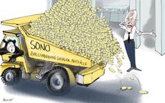 Wohin mit dem vielen Geld? Unverhofft wird die Stadt St. Gallen einen zweistelligen Millionenbetrag erhalten. Sie bekommt das Vermögen des liquidierten Vereins für soziale Notfall-hilfe (Sono). Die Stadt muss das Geld zur Förderung der Arbeitsintegration einsetzen. Bis es so weit ist, muss Stadtpräsident Scheitlin das Geld irgendwo bunkern. (Illustration: Corinne Bromundt - 17. November 2018)