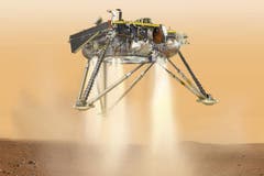 Kurz vor der Landung auf der Mars-Ebene «Elysium Planitia» wird die Raumsonde Bremsraketen zünden. (Illustration: PD/NASA/JPL)