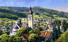 Der Südosten der Stadt St.Gallen um 1920. In der Bildmitte die 1914 bis 1917 erbaute Kirche St.Maria-Neudorf. Dahinter die Wohngebiete Neudorf und Hagenbuch.