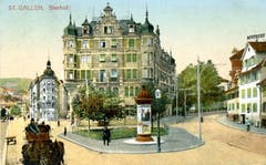 Der «Bierhof» an der Verzweigung der Rorschacher- mit der Lämmlisbrunnenstrasse auf einer Ansichtskarte, die 1922 nach Frankreich verschickt wurde. Das Haus, in dem sich heute das Fanlokal des FC St.Gallen befindet, wurde 1900 bis 1902 von Karl August Hiller gebaut. Der Architekt starb während der Bauarbeiten an einer Krankheit. Auftraggeber war Arnold Billwiller, der damalige Eigentümer der Brauerei Schützengarten. Seit dem 14. Jahrhundert ist für diesen Standort das Badhaus Lämmlisbrunnen nachgewiesen, das 1835 zur Brauerei Bierhof umgebaut wurde.
