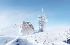 Auf dem Gipfel des Titlis in Engelberg wird bald nicht nur eine neue Bergstation thronen, auch der Richtstrahlturm wird öffentlich zugänglich gemacht. (Visualisierung: PD)
