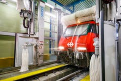 Die neuste Reinigungshalle, die an einen Autowaschanlage erinnert, steht in Brig. (Bild: KEYSTONE/Valentin Flauraud)