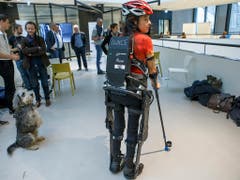 Das Batteriepaket auf dem Rücken hat eine Laufzeit von drei Stunden. Die Krücken geben Silke Pan Stabilität und tragen die Steuerungsknöpfe. (Bild: KEYSTONE/SALVATORE DI NOLFI)