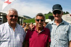 Am Allweg-Schwinget (in der Mitte) zusammen mit anderen bekannten Persönlichkeiten: Links Werner Marti (Gallivater 1992), rechts Josef "Gumper" Odermatt. (Bild: Werner Rupp, Ennetmoos, 11. September 2011)