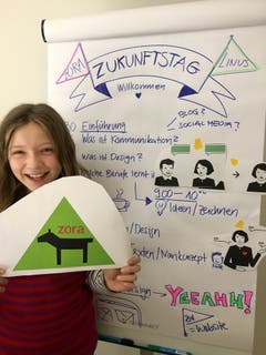 Zora durfte heute bei Rosenstar, Luzern, drei Berufe kennenlernen: Graphic-Designer/in, Texter/in, Webentwickler/in. Gemeinsam mit drei Fachleuten kreierte Zora ein Logo, machte sich über eine selbstgewähltes Thema Gedanken, schrieb Texte und programmierte ihre erste Website/Blog. (Bild: Jana Yaacoub, 8. November 2018)