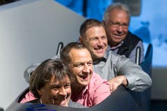 Die ehemaligen Bobfahrer Marcel Rohner, Reto Goetschi, Ivo Rüegg und Hans Hiltebrand (von links), während der Eröffnung der Bob-Tage im Verkehrshaus in Luzern am Donnerstag, 8. November 2018. (Bild: Alexandra Wey / Keystone (Luzern, 8. November 2018))