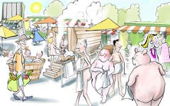Freiluftsauna auf dem Markplatz. Trotz Höhenlage spürt auch St.Gallen den Urban-Heating-Effekt. Besonders betroffen ist die Innenstadt. Dort speichern Beton und Asphalt die Sommerhitze. Für die Stadt bietet sich so unverhofft eine hübsche Gelegenheit, den Marktplatz schon vor der Neugestaltung zu beleben: mit einer Freiluftsauna. (Illustration: Corinne Bromundt - 10. November 2018)
