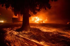 Flammen fressen sich durch ein Restaurant der Kette "Kentucky Fried Chicken" in Paradise. (AP Photo/Noah Berger)