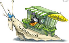 Schneckentempo. Die Aufhebung der Parkplätze und die Neugliederung der Märkte auf dem Marktplatz ist natürlich ein grosser Lupf. Da kann es halt schon passieren, dass sich die Umsetzung des Vorhabens von Anfang Januar auf Anfang April verzögert. Autofahrer wird’s freuen, Marktfahrer müssen sich etwas in Geduld üben. (Illustration: Corinne Bromundt, 29. Dezember 2018)