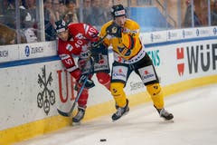Kanadas Maxim Lapierre (links) gegen Ari Grondahl von KalPa. Bild: Estelle Vagne / Freshfocus (Davos, 31.12.2018)