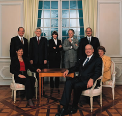 2003 (von links): Ruth Metzler, Joseph Deiss, Kaspar Villiger, Micheline Calmy-Rey, Moritz Leuenberger, Bundespräsident Pascal Couchepin, Samuel Schmid, Bundeskanzlerin Annemarie Huber-Hotz.