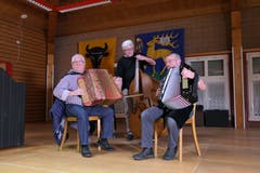Das Trio Martin Zgraggen, Marco Bay und Robi Lusser sorgt am Public-Viewing in Erstfeld für gute Stimmung. (Bild: Urs Hanhart)