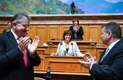 Die abtretende Bundesrätin Doris Leuthard bei ihrer Verabschiedung im Nationalratssaal. (Bild: KEYSTONE/Anthony Anex)