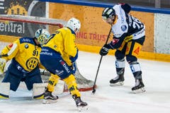 Perttu Lindgren versucht, Zugs Yannick-Lennart Albrecht vom Slot fernzuhalten. (Bild: Alexandra Wey/Keystone (Zug, 8. Dezember 2018))