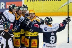 Frenetischer Zuger Jubel nach dem 1:0-Führungstreffer von David McIntyre. (Bild: Alexandra Wey/Keystone (Zug, 8. Dezember 2018))