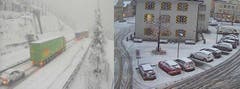 Vor dem Gotthard staut sich der Verkehr wegen des Schneefalls. Und in Altdorf hat der Schnee auf den Strassen angesetzt. (Bild: Webcams)
