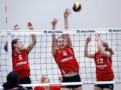 Steinhausens Ramona Meili, Vanessa Gwerder und Sarah Rohrer (am Netz, von links) sind für Fribourg kaum zu überwinden. (Bild: Werner Schelbert / Neue ZZ)