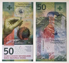 Die neue Schweizer 50-Franken-Note der Schweizerischen Nationalbank, wie sie am 4. April präsentiert wurde. (Bild: Keystone / Lukas Lehmann)