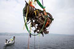 Ein Schiffsmotor fliegt durch die Luft. (Bild: Keystone / Alexandra Wey)