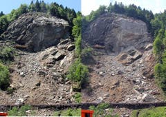 Vor der Sprengung am 16. Juni (links) und nach der Sprengung am 18. Juni. (Bild: René Meier / Luzernerzeitung.ch)