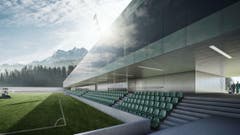 Geplant ist ein Neubau eines Fussballstadions mit 900 Sitz- und 2300 Stehplätzen (Challenge-League-tauglich) sowie ein Stadion-Restaurant. (Bild: Visualisierung PD)