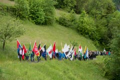 Schüler bringen Fahnen... (Bild: Keystone / Urs Flüeler)
