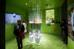 Besucher des Schweizer Pavillions schauen sich die Ausstellung «Spiritio Basilea» an. Diese wurde gesponsert von Syngenta. (Bild: SAMUEL GOLAY/TI-PRESS)