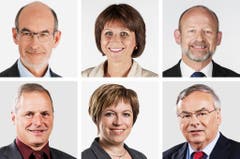 FREIBURG (1/2) - (obere Reihe von links) Jacques Bourgois (bisher), FDP; Christine Bulliard-Marbach (bisher), CVP; Dominique De Buman (bisher), CVP. (untere Reihe von links) Pierre-Andre Page (neu), SVP; Valerie Piller Carrard (bisher), SP; Jean-François Rime (bisher), SVP. (Bild: Keystone / Handout)