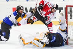 Team Canadas Derek Roy (mitte) gegen Luganos Ryan Glenn und Goalie Elvis Merzlikins. (Bild: EPA/GIAN EHRENZELLER)