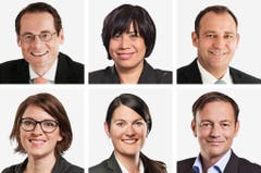 ZÜRICH (3/6) - (obere Reihe von links) Roger Koeppel (neu), SVP; Min Li Marti (neu), SP; Thomas Matter (bisher), SVP. (untere Reihe von links) Mattea Meyer (neu), SP; Angelina Tiana Moser (bisher), GLP; Martin Naef (bisher), SP. (Bild: Keystone / Handout)
