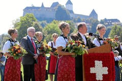 OK-Präsident Andreas Aebi spricht zum Auftakt des Eidg. Schwing- und Älplerfestes 2013 in Burgdorf zu den Gästen. (Bild: Swiss-Image / Andy Mettler)
