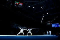 Max Heinzer scheidet im Viertelfinal gegen den Koreaner Sangyoung Park aus. (Bild: Keystone / Peter Klaunzer)