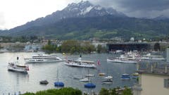 Das Motorschiff Diamant (zweites von links) wird im Luzerner Seebecken von den Dampfschiffen willkommen geheissen. (Bild: Leser Peter von Arx)
