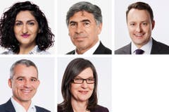 BASEL-STADT - (obere Reihe von links) Sibel Arslan (neu), Gruene; Christoph Eymann (neu), LDP; Sebastian Frehner (bisher), SVP. (untere Reihe von links) Beat Jans (bisher), SP; Silvia Schenker (bisher), SP. (Bild: Keystone / Handout)