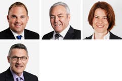 SCHWYZ - (obere Reihe von links) Marcel Dettling (neu), SVP; Alois Gmür (bisher), CVP; Petra Goessi (bisher), FDP. (untere Reihe von links) Pirmin Schwander (bisher), SVP. (Bild: Keystone / Handout)