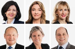 ZÜRICH (5/6) - (obere Reihe von links) Regina Sauter (neu), FDP; Barbara Schmid-Federer (bisher), CVP; Priska Seiler_Graf (neu), SP. (untere Reihe von links) Juerg Stahl (bisher), SVP; Barbara Steinemann (neu), SVP; Mauro Tuena (neu), SVP. (Bild: Keystone / Handout)