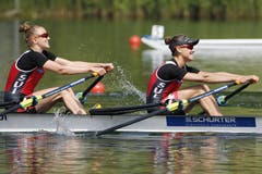 Die Schweizerinnen Patricia Merz (rechts) und Frederique Rol (links) im Leichtgewichts-Doppelzweier. (Double Sculls) (Bild: Keystone / Alexandra Wey)