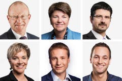 WALLIS (1/2) - (obere Reihe von links) Jean-Luc Addor (neu), SVP; Viola Amherd (bisher), CVPO; Yannick Buttet (bisher), CVPU. (untere Reihe von links) Geraldine Marchand-Balet (neu), CVPU; Philippe Nantermod (neu), FDP; Mathias Reynard (bisher), SP. (Bild: Keystone / Handout)