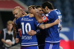 Jubel bei Marco Schneuwly, Jakob Jantscher und Tomislav Puljic (von links nach rechts) nach dem 2:1. (Bild: Philipp Schmidli)