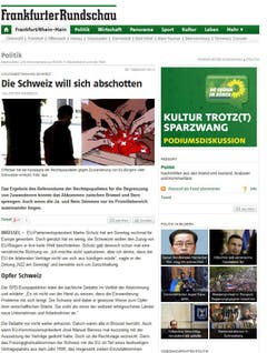 Mit "Schweizer legen sich mit der EU an" übertitelte die "Frankfurter Rundschau" ihren Bericht. Das Ergebnis könnte das Abkommen zwischen Brüssel und Bern sprengen. Zunächst müssten aber beide Seiten erst einmal mit dem Ergebnis umgehen. "Nun muss also wieder geredet werden. Bilateral. Stets mit Blick auf die Guillotine", heisst es weiter. (Bild: Screenshot)