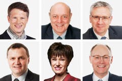 AARGAU (2/3) - (obere Reihe von links) Jonas Fricker (neu), Gruene; Ulrich Giezendanner (bisher), SVP; Andreas Glarner (neu), SVP. (untere Reihe von links) Bernhard Guhl (bisher), BDP; Ruth Humbel (bisher), CVP; Hansjörg Knecht (bisher), SVP. (Bild: Keystone / Handout)