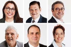 WAADT (1/3) - (obere Reihe von links) Cesla Amarelle (bisher), SP; Claude Begle (neu), CVP; Frederic Borloz (neu), FDP. (untere Reihe von links) Daniel Brelaz (neu), Gruene; Michael Buffat (neu), SVP; Isabelle Chevalley (bisher), GLP. (Bild: Keystone / Handout)