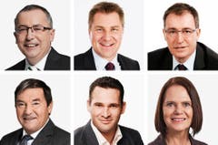 ST. GALLEN (1/2) - (obere Reihe von links) Thomas Ammann (neu), CVP; Toni Brunner (bisher), SVP; Roland Büchel (bisher), SVP. (untere Reihe von links) Jakob Büchler (bisher), CVP; Marcel Dobler (neu), FDP; Claudia Friedl (bisher), SP. (Bild: Keystone / Handout)