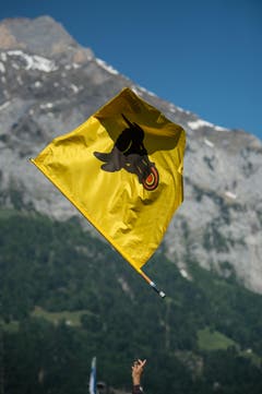 Die Flagge des Kantons Uri fliegt durch die Luft. (Bild: Pius Amrein)