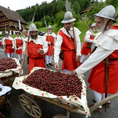 Die Nidwaldner Landsknechte in Uniform während den Feierlichkeiten zum Volksfest 700 Jahre Schlacht am Morgarten. (Bild: Keystone/Urs Flüeler)