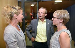 Die Oberdorfer Gemeindepräsidentin Judith Odermatt-Fallegger (v.r.), Landratspräsident Peter Scheuber und die Festrednerin, Frau Landammann Susanne Hochuli. (Bild: Romano Cuonz (Neue NZ))