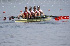 Die Schweizer Markus Kessler (v. rechts), Augustin Maillefer, Nico Stahlberg and Roman Röösli im Doppelvierer. (Bild: Keystone / Alexandra Wey)